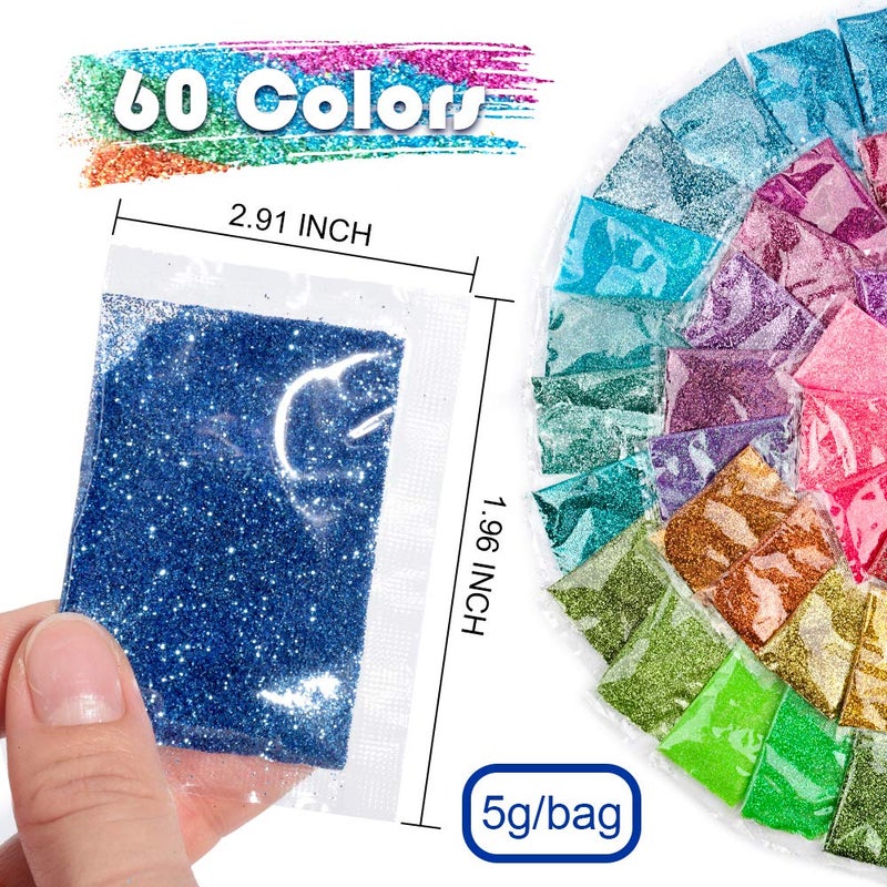 YGDZ Fine Glitter, YGDZ 300g 60 Colors Extra Fine Craft Resin Glitter Packs, for Tumblers Festival Decoration, Eyeshadow Makeup Nail Art Body Face Glitter, 5g Each Bag - Image 2